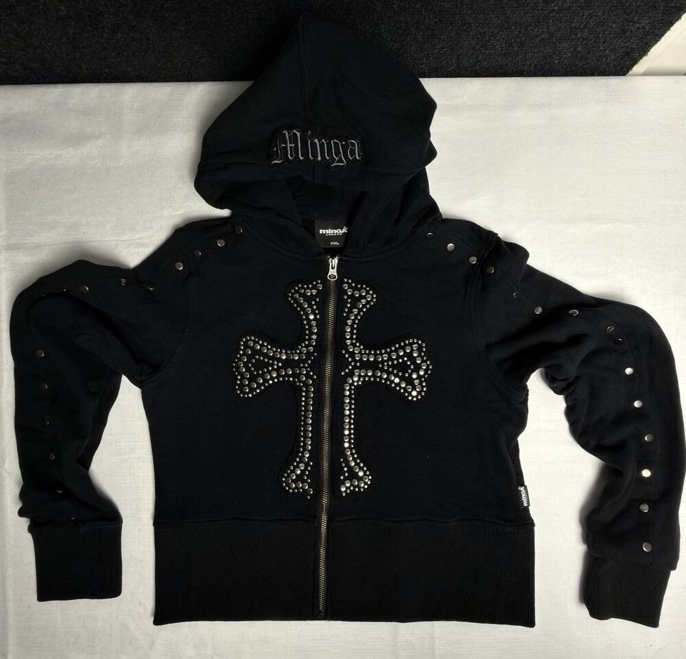 Minga London XXL Black Studded Cross Zip Up Hoodie Gothic Y2K Alt Grunge